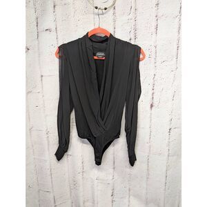 Bebe Black Black Mulberry Silk Slit Sleeve Crossover Wrap-Front Surplice Top Bod